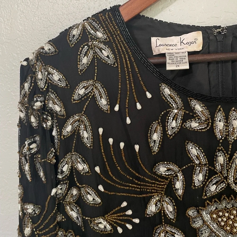 Vintage Plus Size 100% Silk Beaded Blouse - Picture 2 of 13